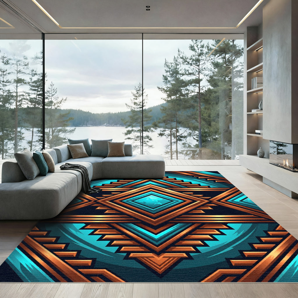 Geometric Copper and Teal Diamond Art Rug