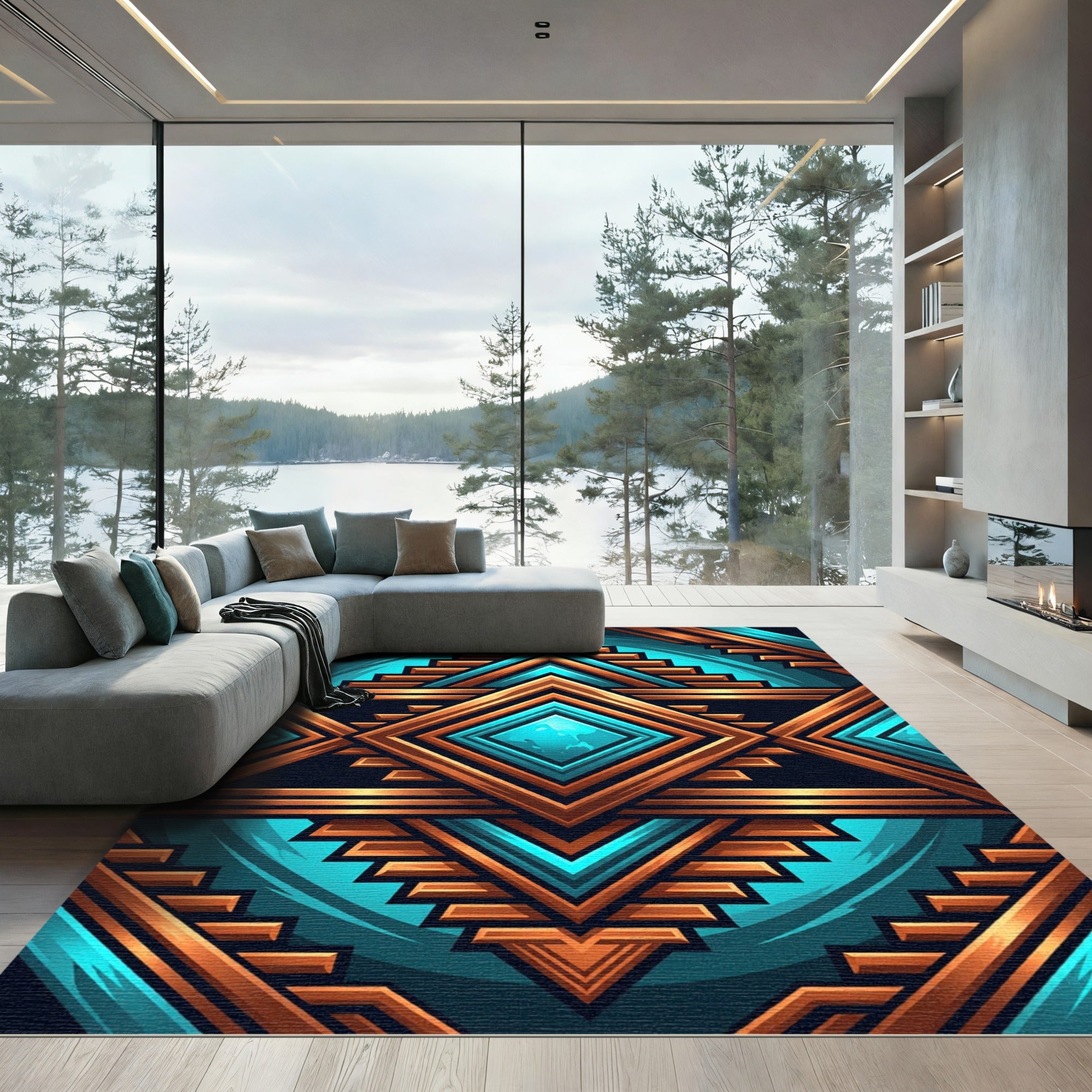 Geometric Copper and Teal Diamond Art Rug