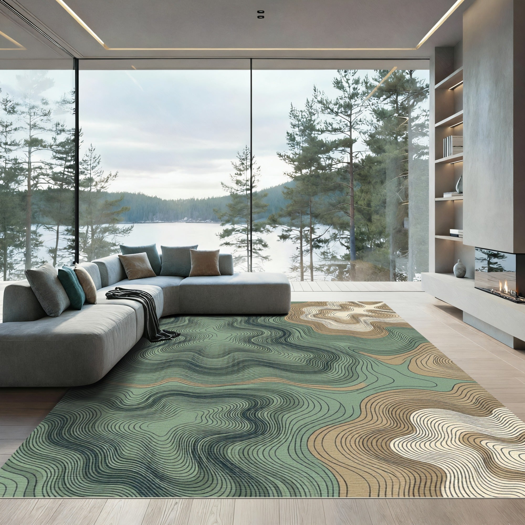 Sage and Ochre Earthy Topographic Abstract Rug