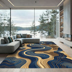 Modern Abstract Navy and Gold Swirl Rug