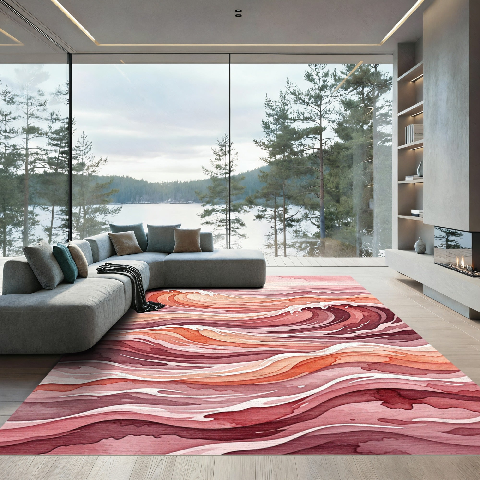 Coral Pink Watercolor Wave Composition Rug