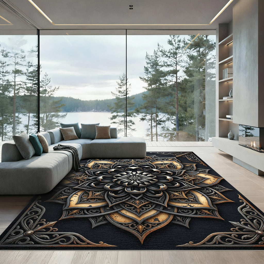 Metallic Gold and Charcoal Floral Medallion Rug