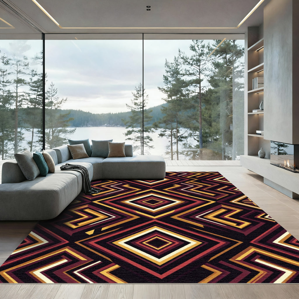 Bold Geometric Diamond Burgundy Gold Rug