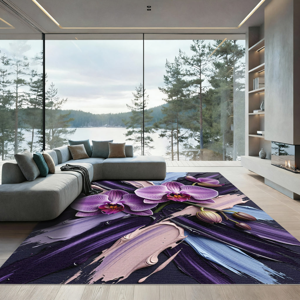 Purple Orchid Abstract Oil Paint Brushstroke Rug
