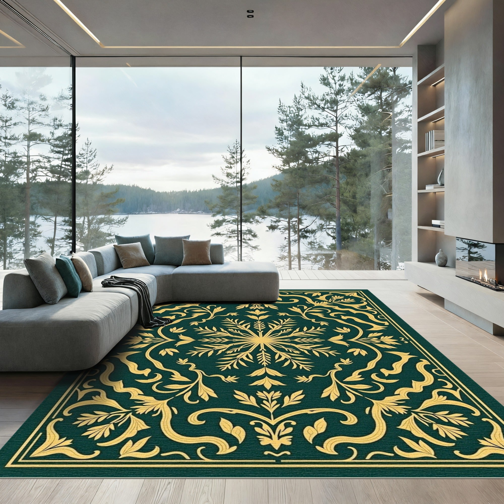 Emerald Gold Detailed Floral Medallion Rug