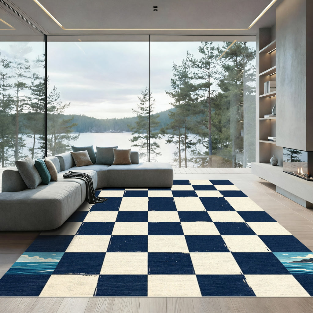 Navy and Cream Coastal Checkerboard Landscape Rug