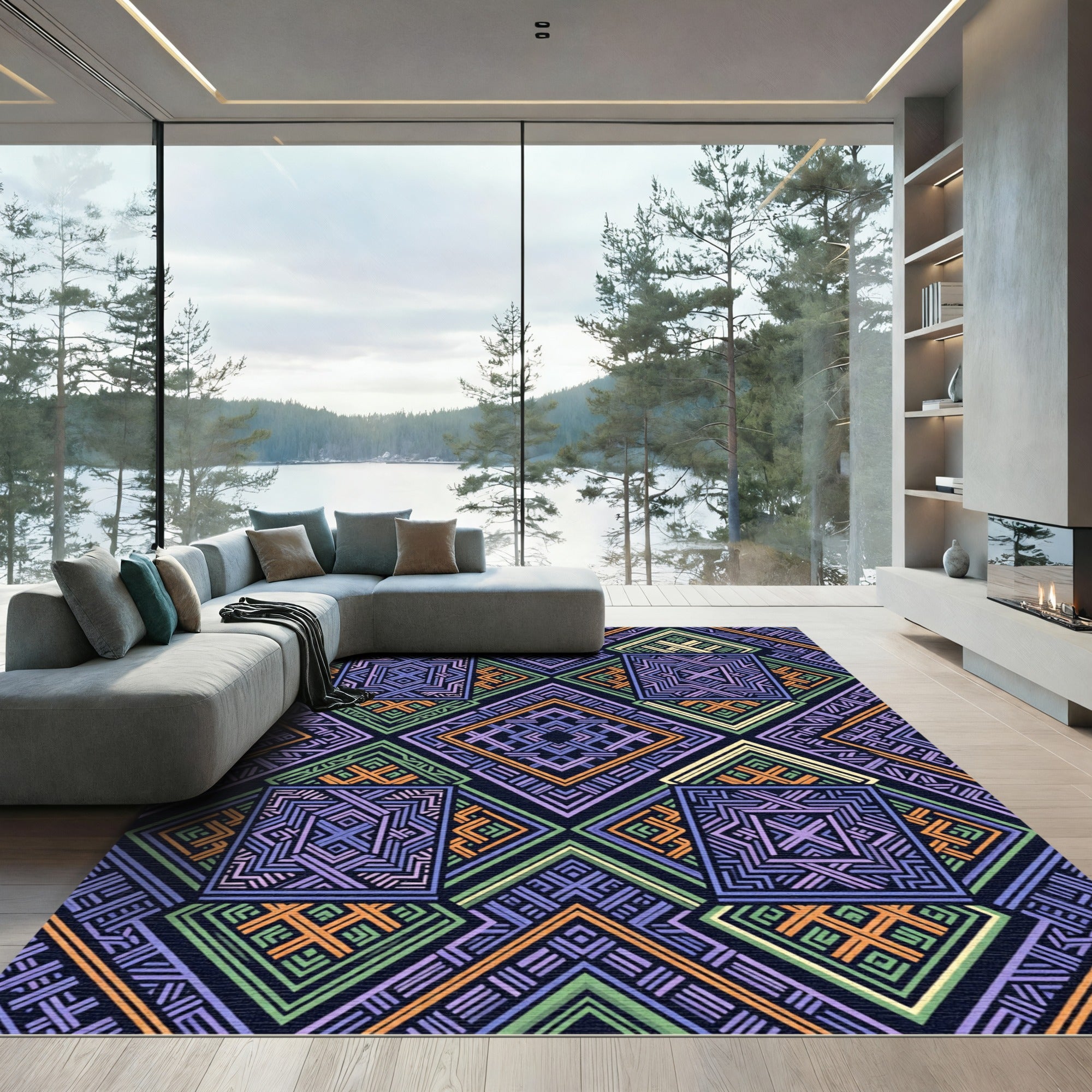 Geometric Multicolored Lattice Diamond Rug