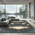 Ornate Silver Baroque Crest Scroll Ribbon Rug