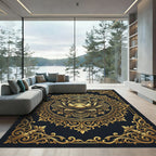 Golden Lotus Floral Medallion Black Backdrop Rug