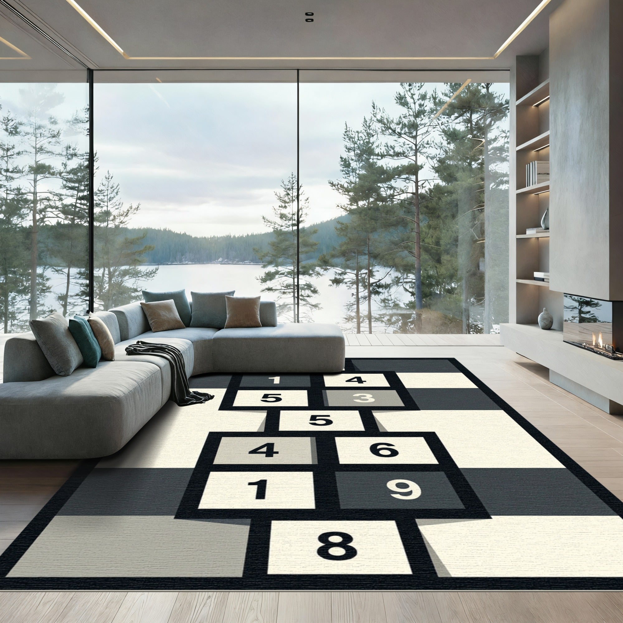 Monochrome Geometric Number Grid Rug