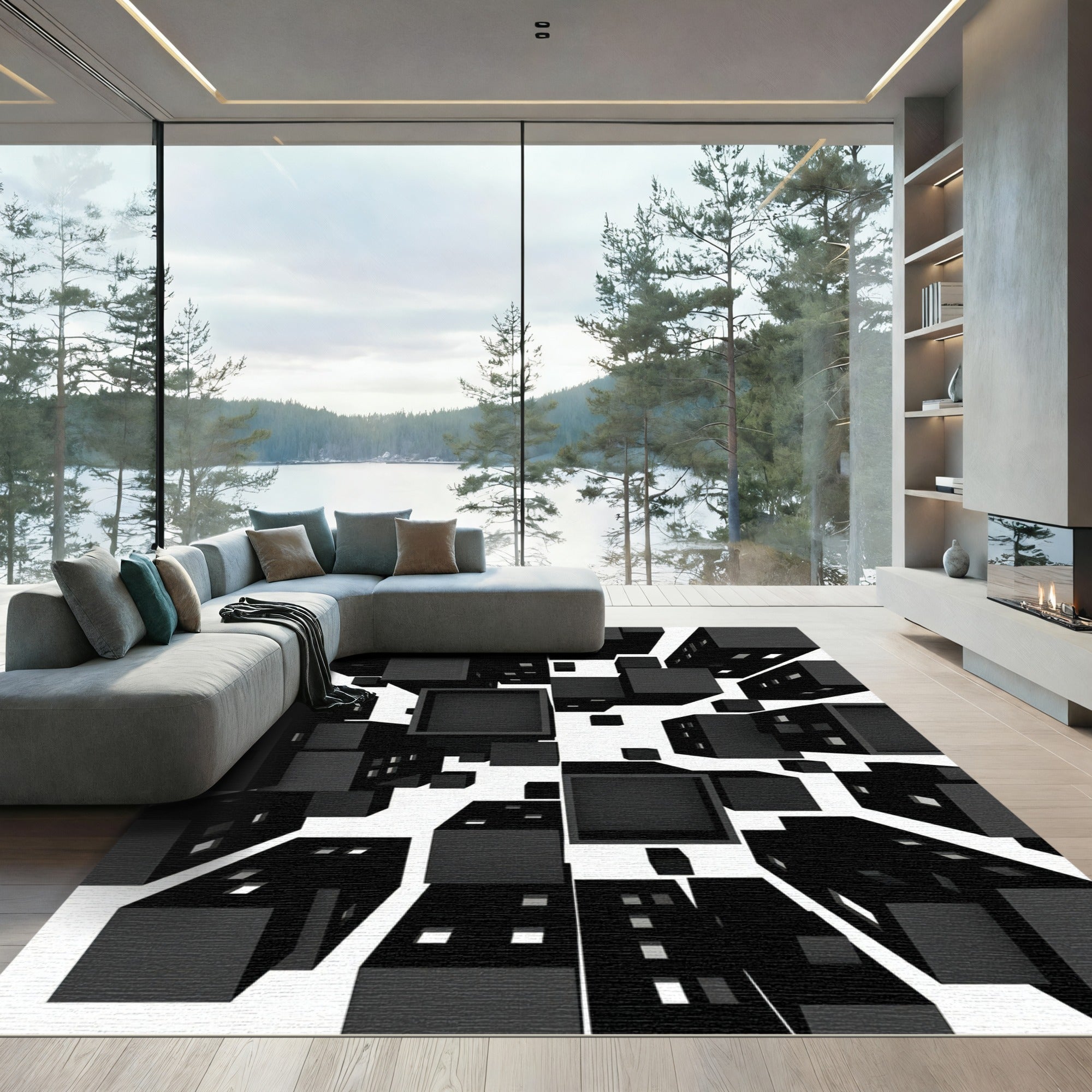 Monochromatic Abstract Geometric Cityscape Blocks Rug
