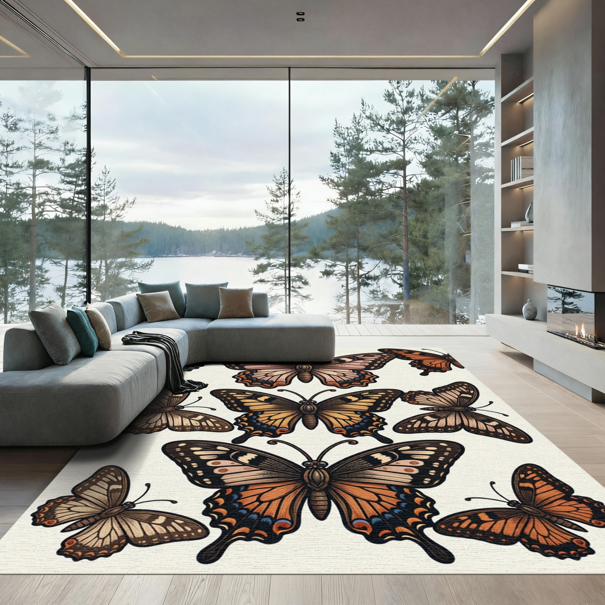 Whimsical Amber And Earth Tone Butterfly Garden Rug