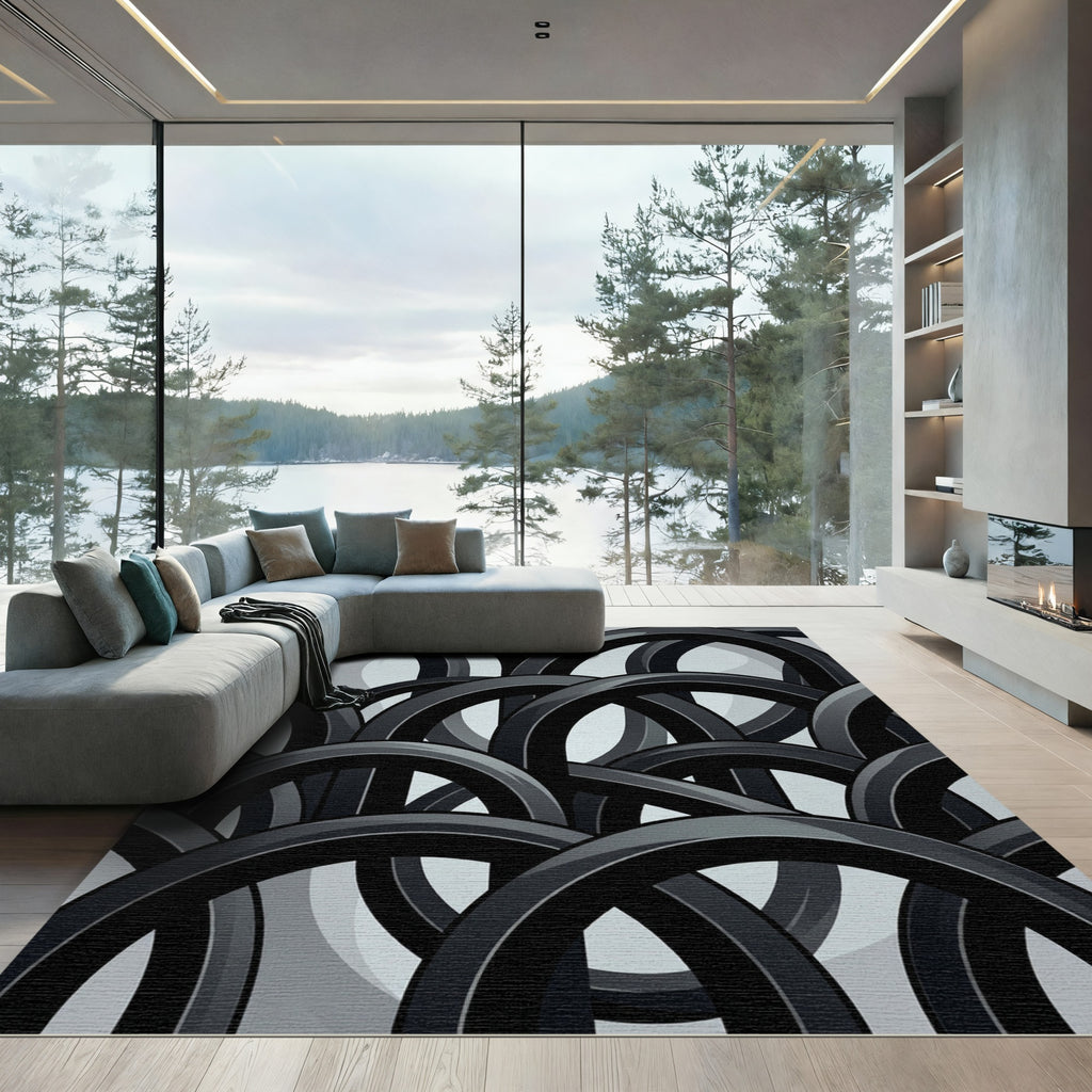Black Interlocking Ring Abstract Rug