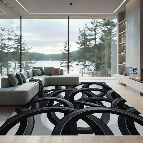 Black Interlocking Ring Abstract Rug
