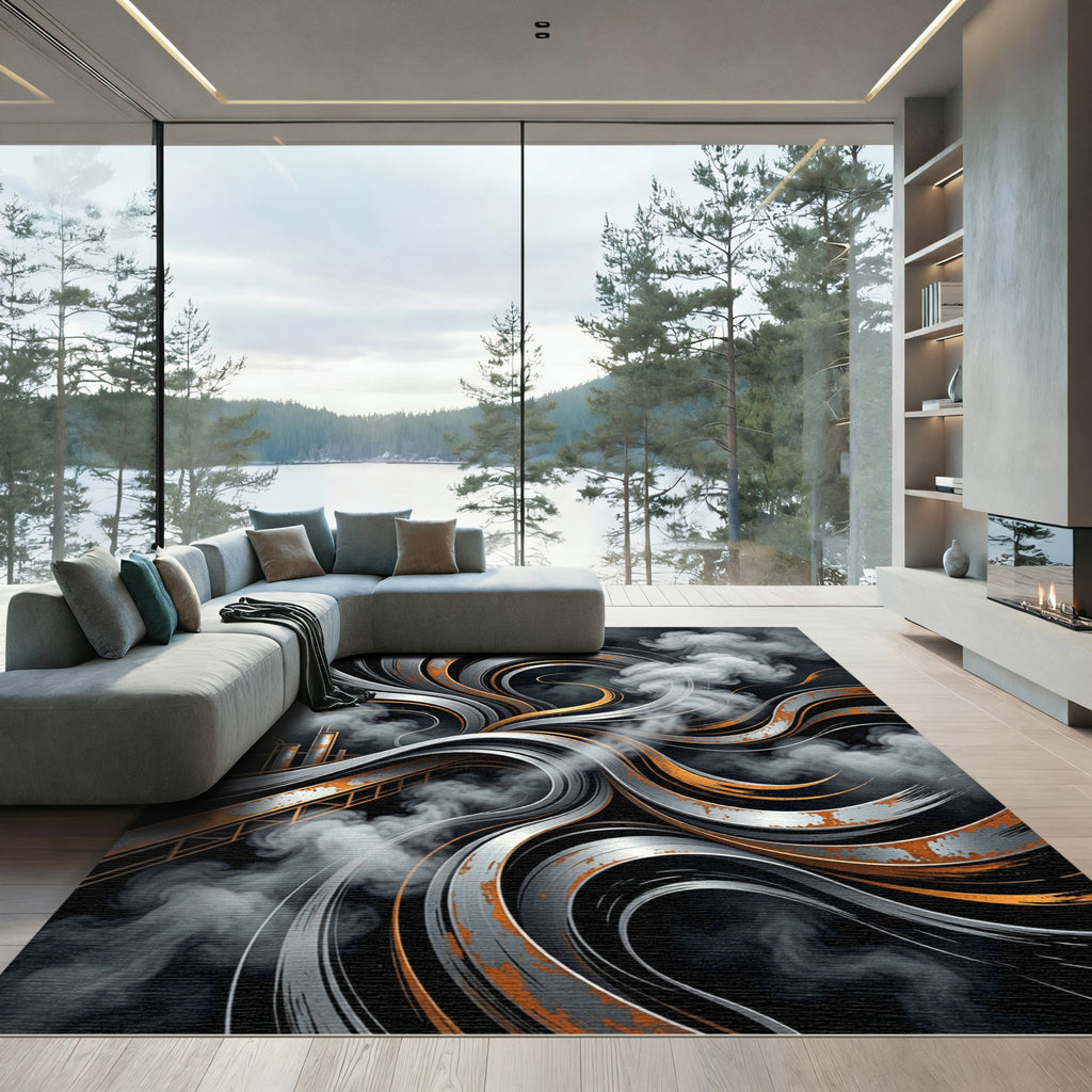 Industrial Metallic Swirl Abstract Flow Rug