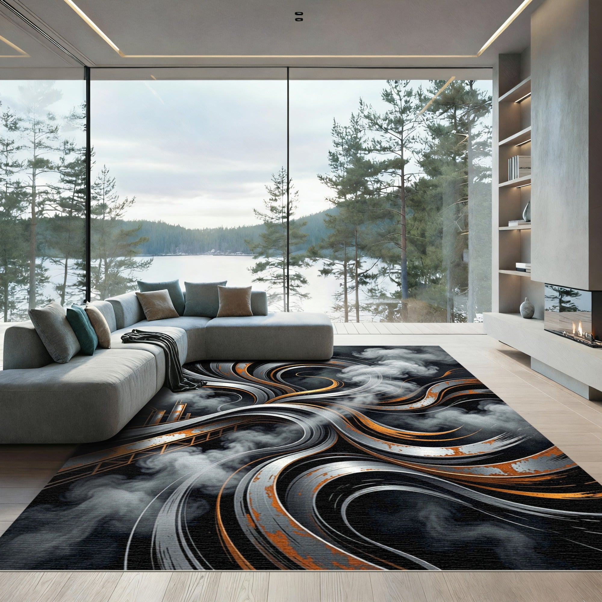 Industrial Metallic Swirl Abstract Flow Rug