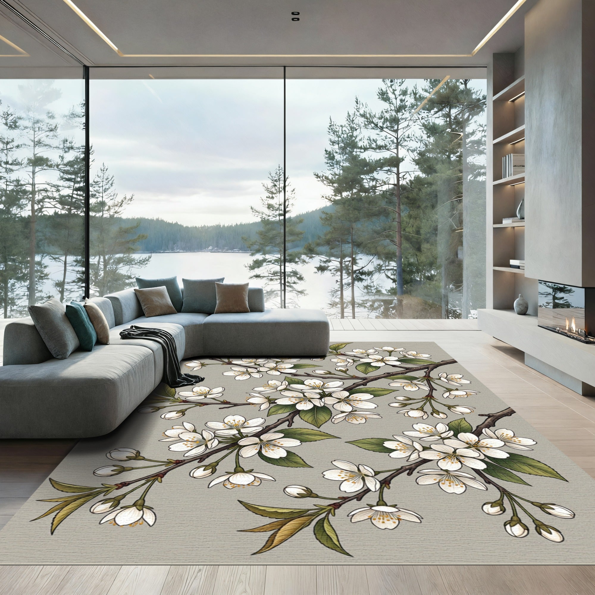 Elegant White Cherry Blossom Branch Rug