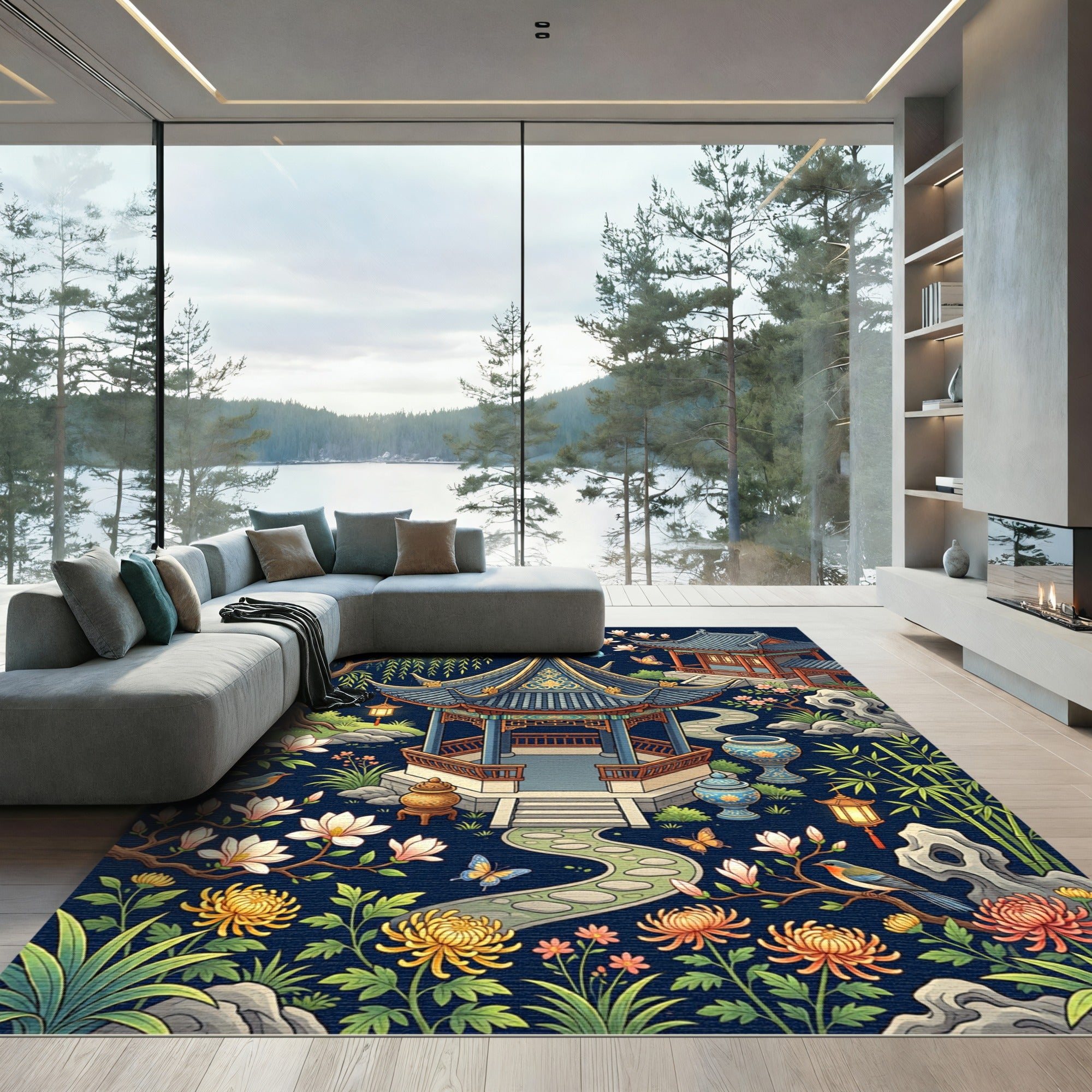 Elegant Pavilion Garden Midnight Botanical Art Rug