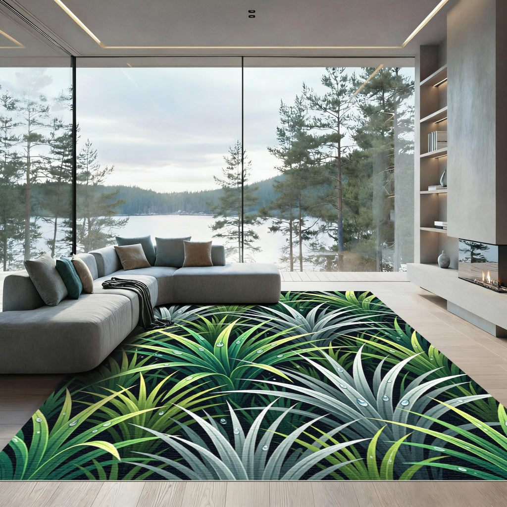 Lush Green Tropical Dewy Foliage Rug