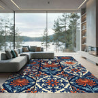 Ornate Navy and Orange Chrysanthemum Tile Rug