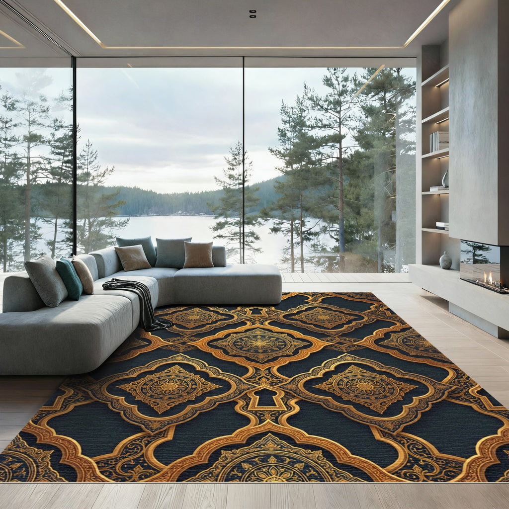 Ornate Gold Filigree Embossed Medallion Rug