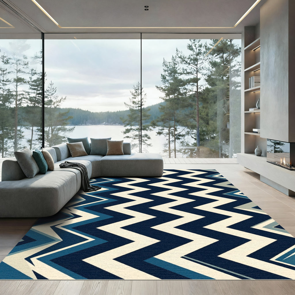 Modern Blue Navy Chevron Zigzag Rug