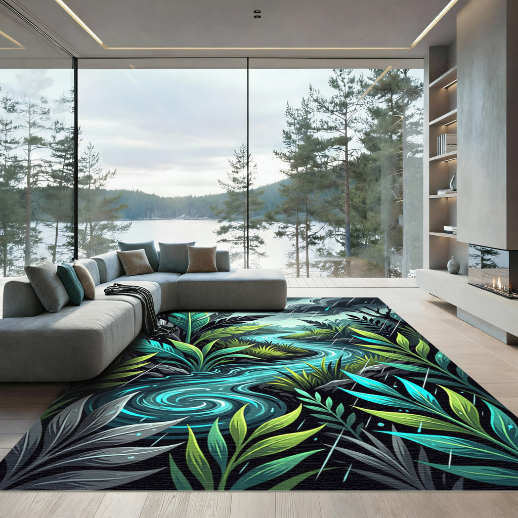 Rainy Tropical Jungle Foliage Stream Rug