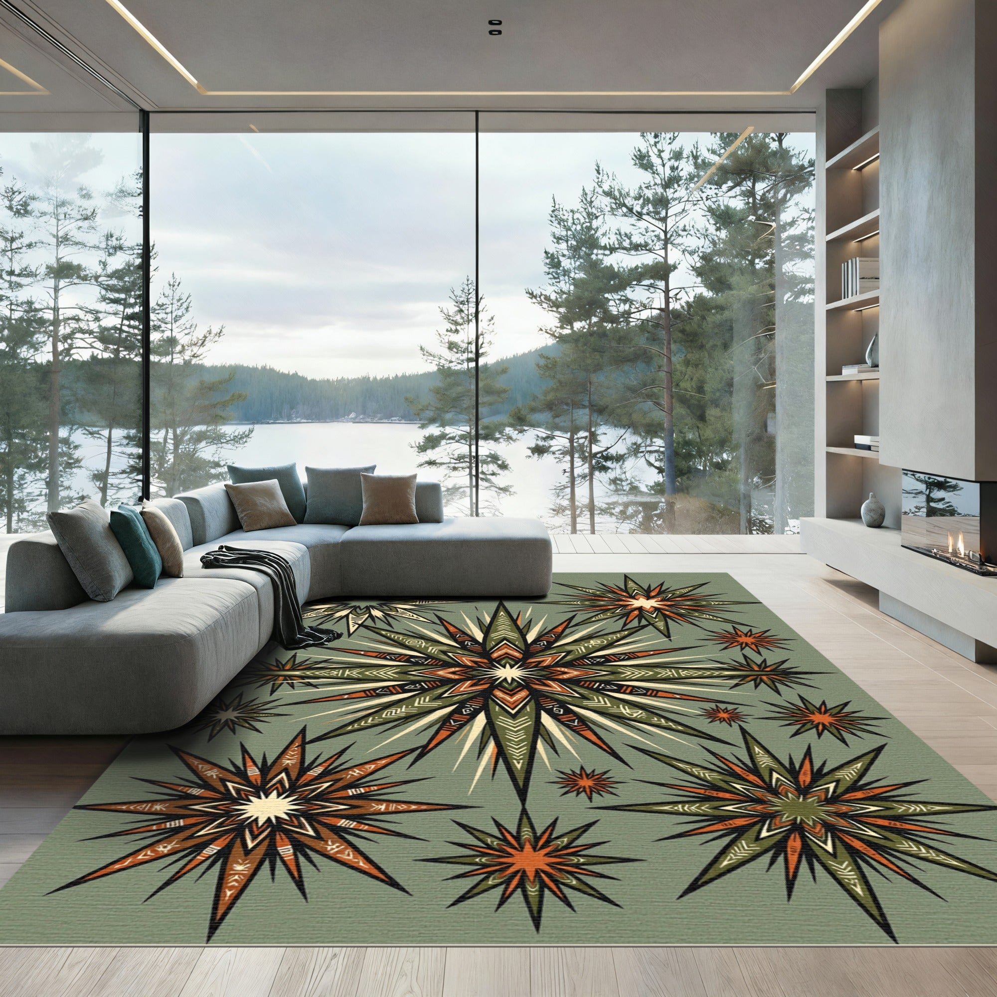 Sage Green Celestial Geometric Star Array Rug