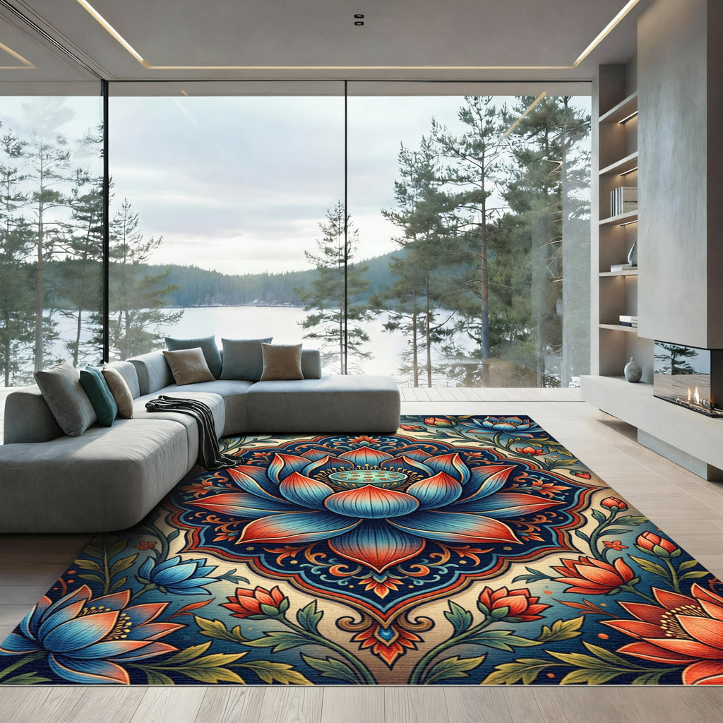 Indigo And Crimson Lotus Mandala Rug