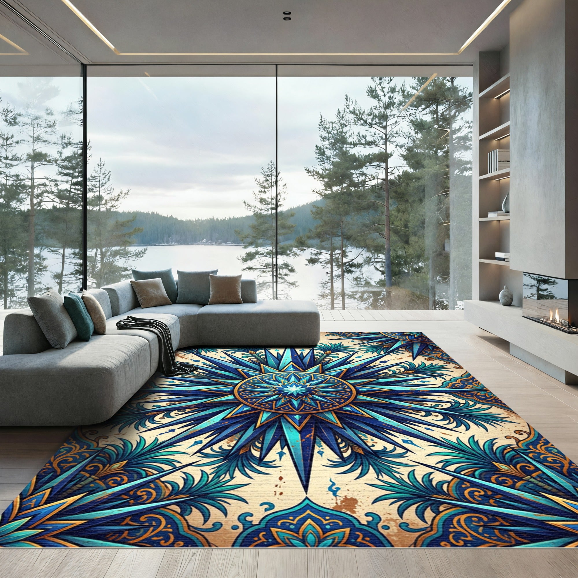 Cerulean Starburst Geometric Medallion Rug