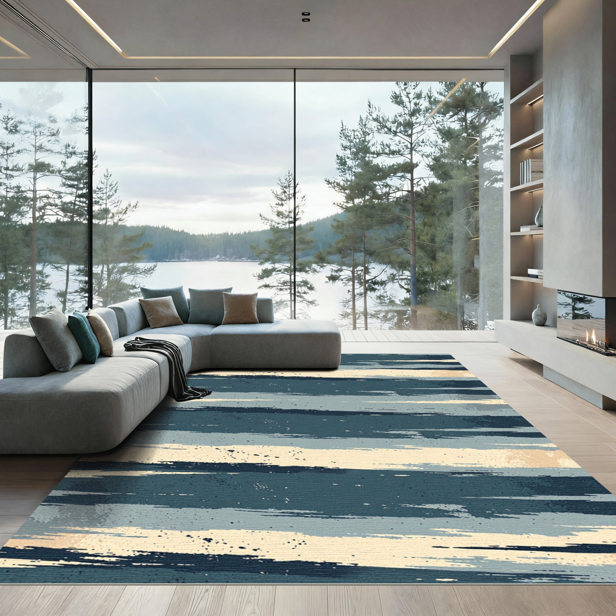 Abstract Brushstroke Slate Blue Stripes Rug