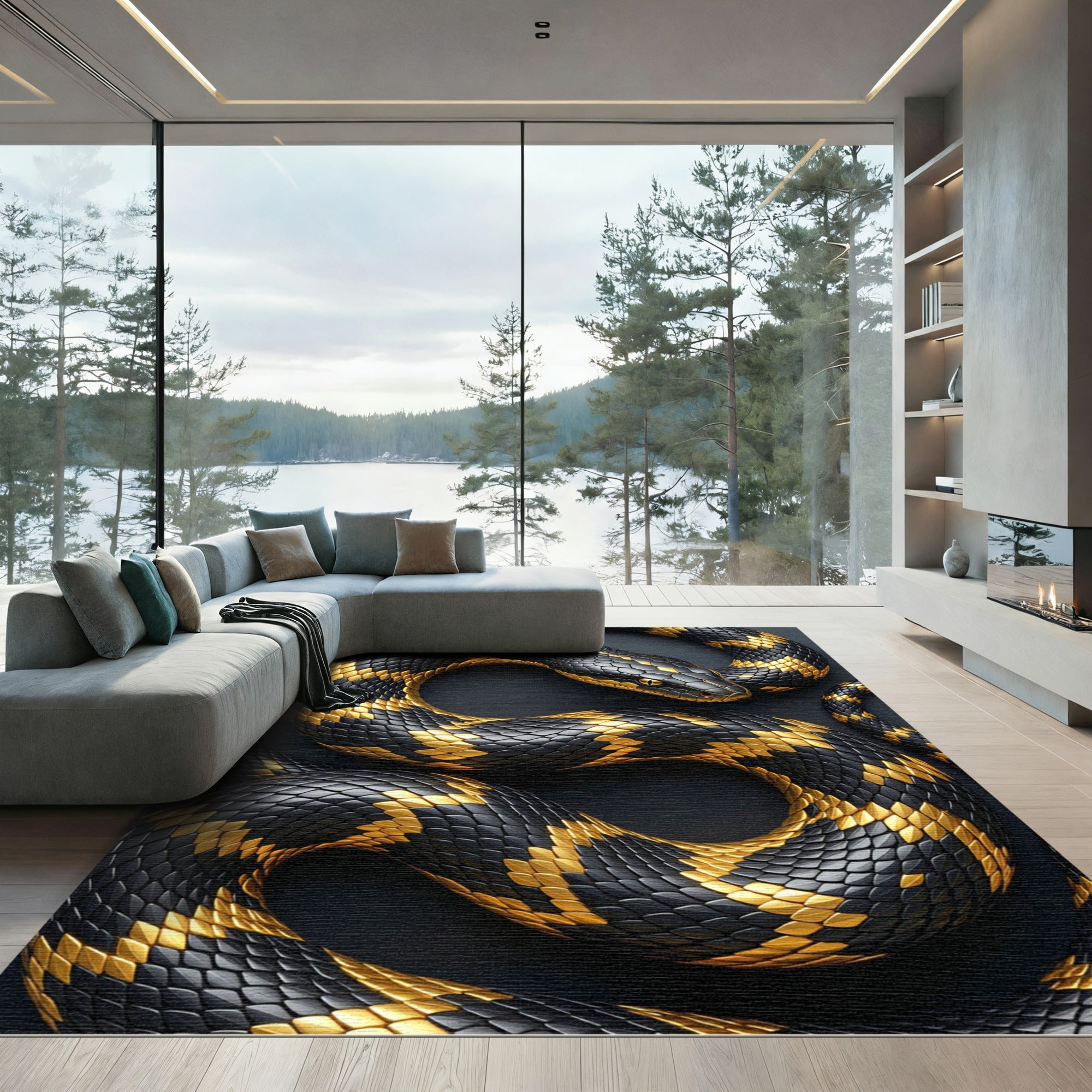 Golden Black Serpentine Abstract Scales Rug