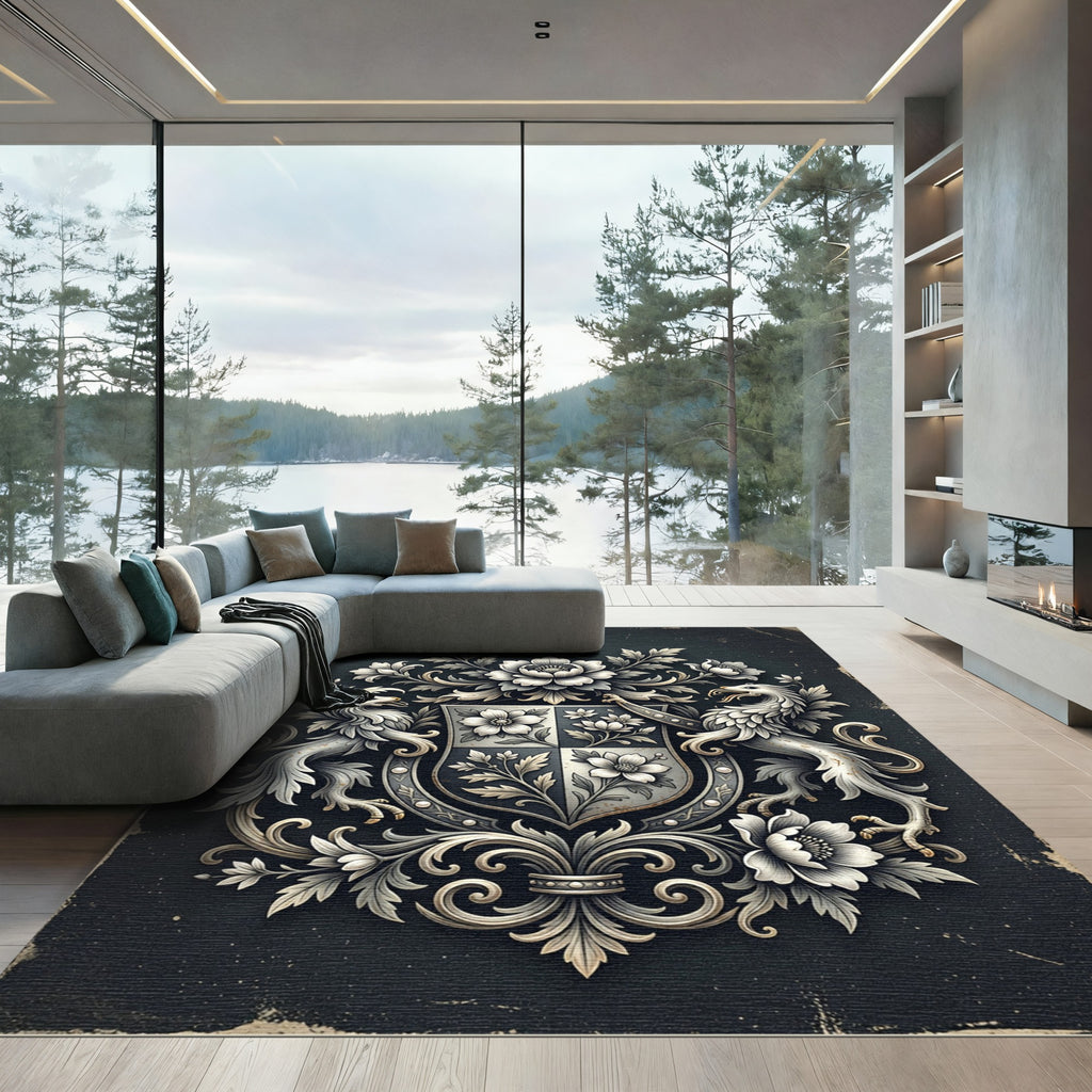 Monochrome Floral Crest Heraldic Emblem Rug
