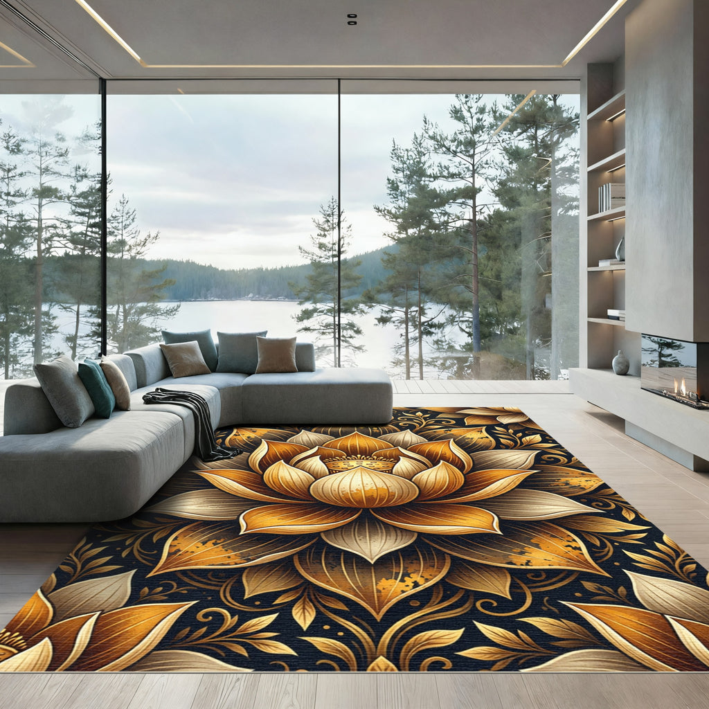 Golden Lotus Floral Mandala Art Rug