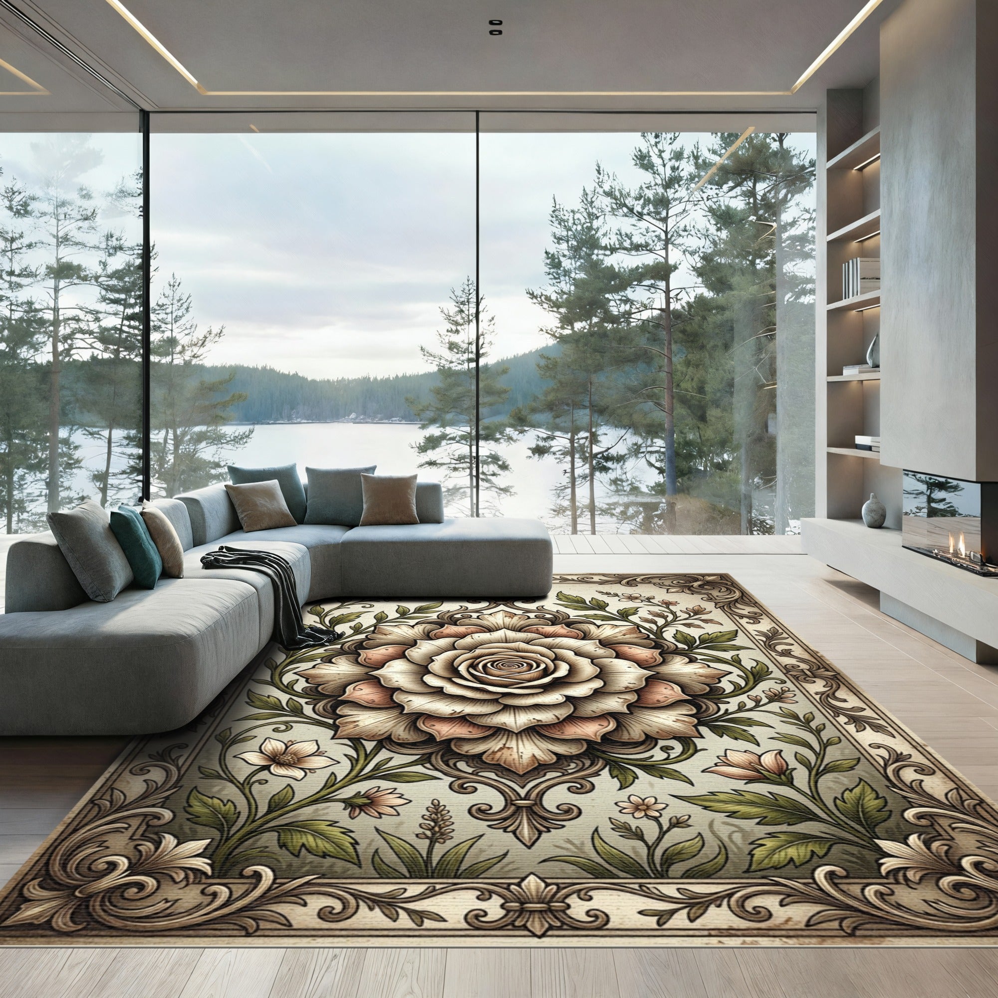 Vintage Neutral Floral Damask Medallion Rug