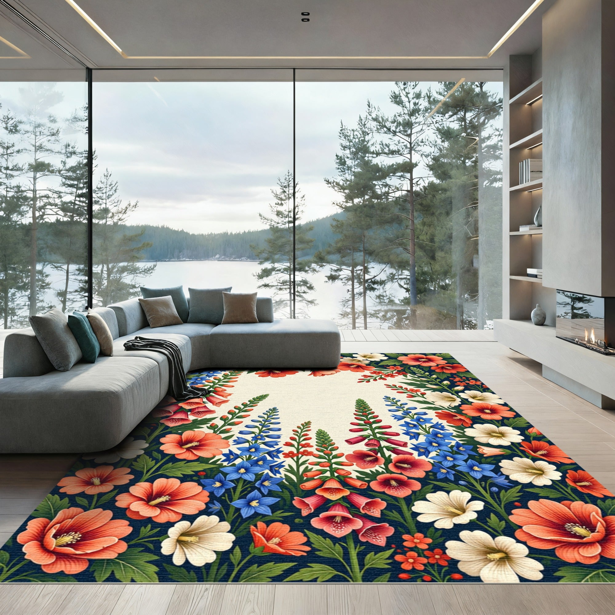 Coral and Blue Foxglove Garden Rug