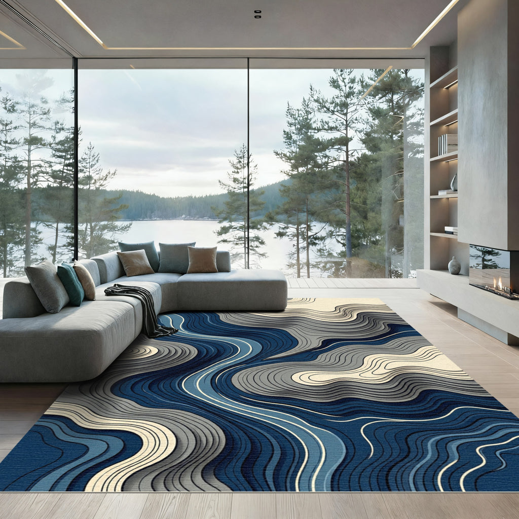 Abstract Fluid Navy and Cream Layers Rug