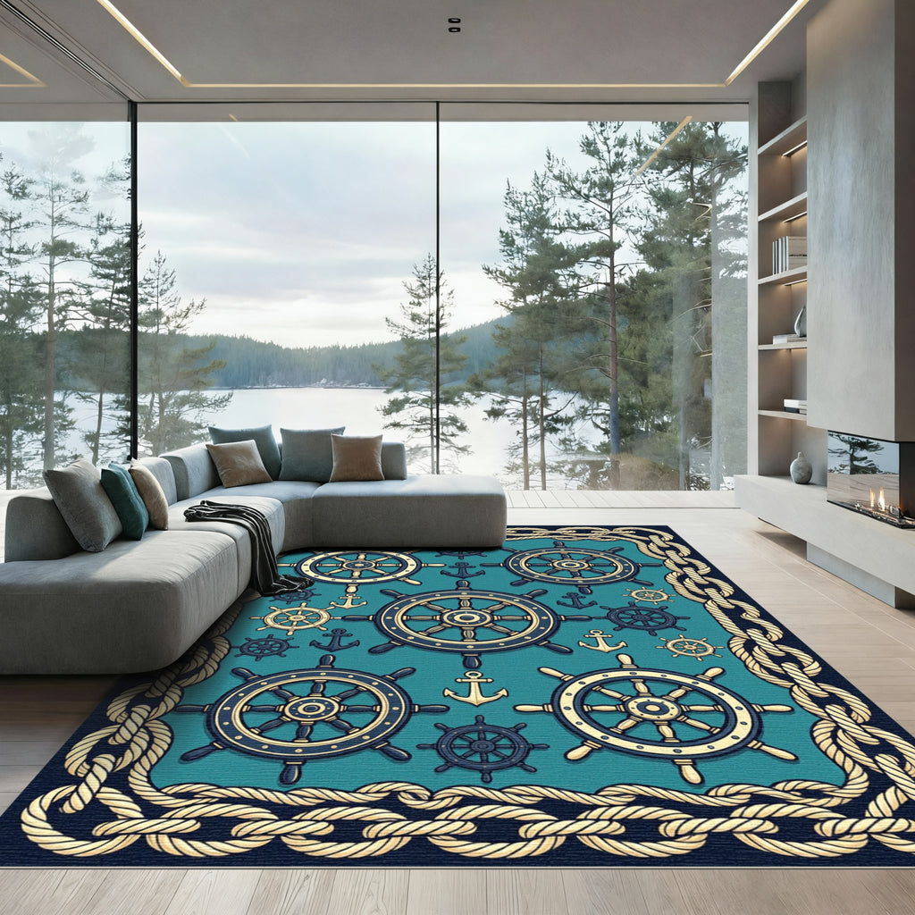 Nautical Ship Wheels Anchors Coastal Tapestry Rug