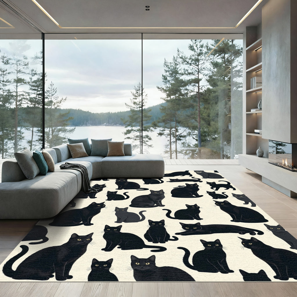 Playful Black Cat Silhouette Illustration Rug