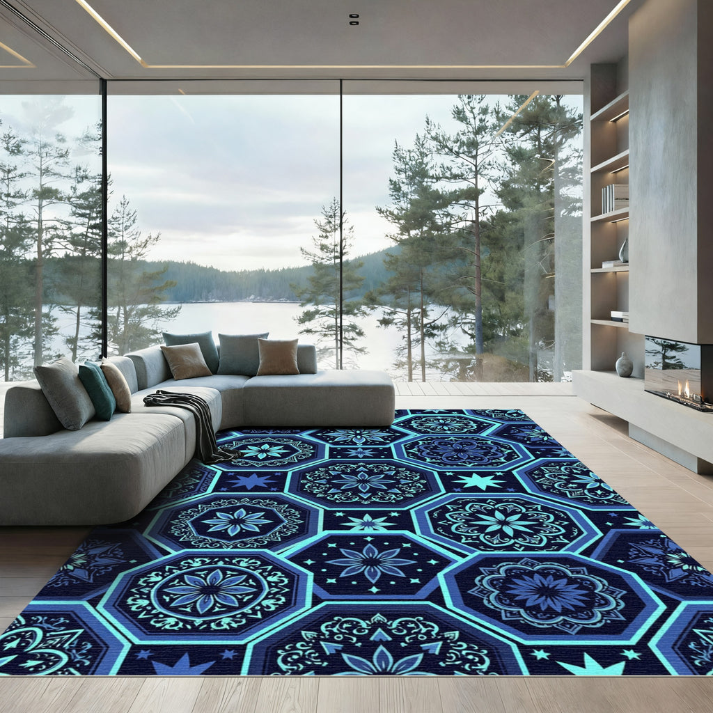 Navy Blue Geometric Hexagon Floral Rug