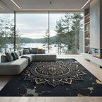 Elegant Black Gold Metallic Mandala Rug