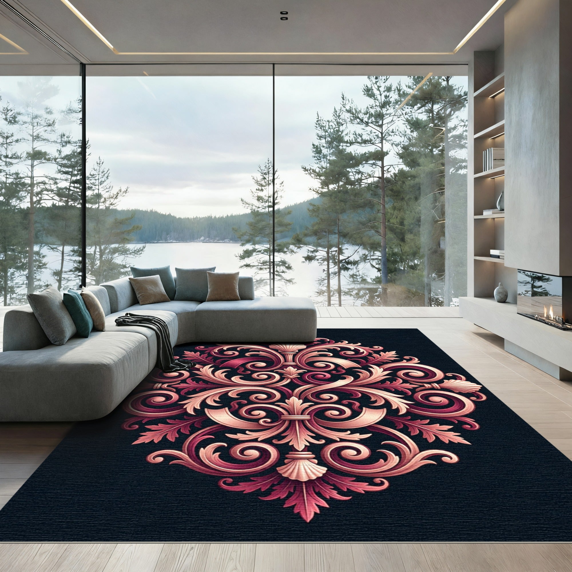 Ornate Crimson and Gold Scrollwork Arrangement Rug