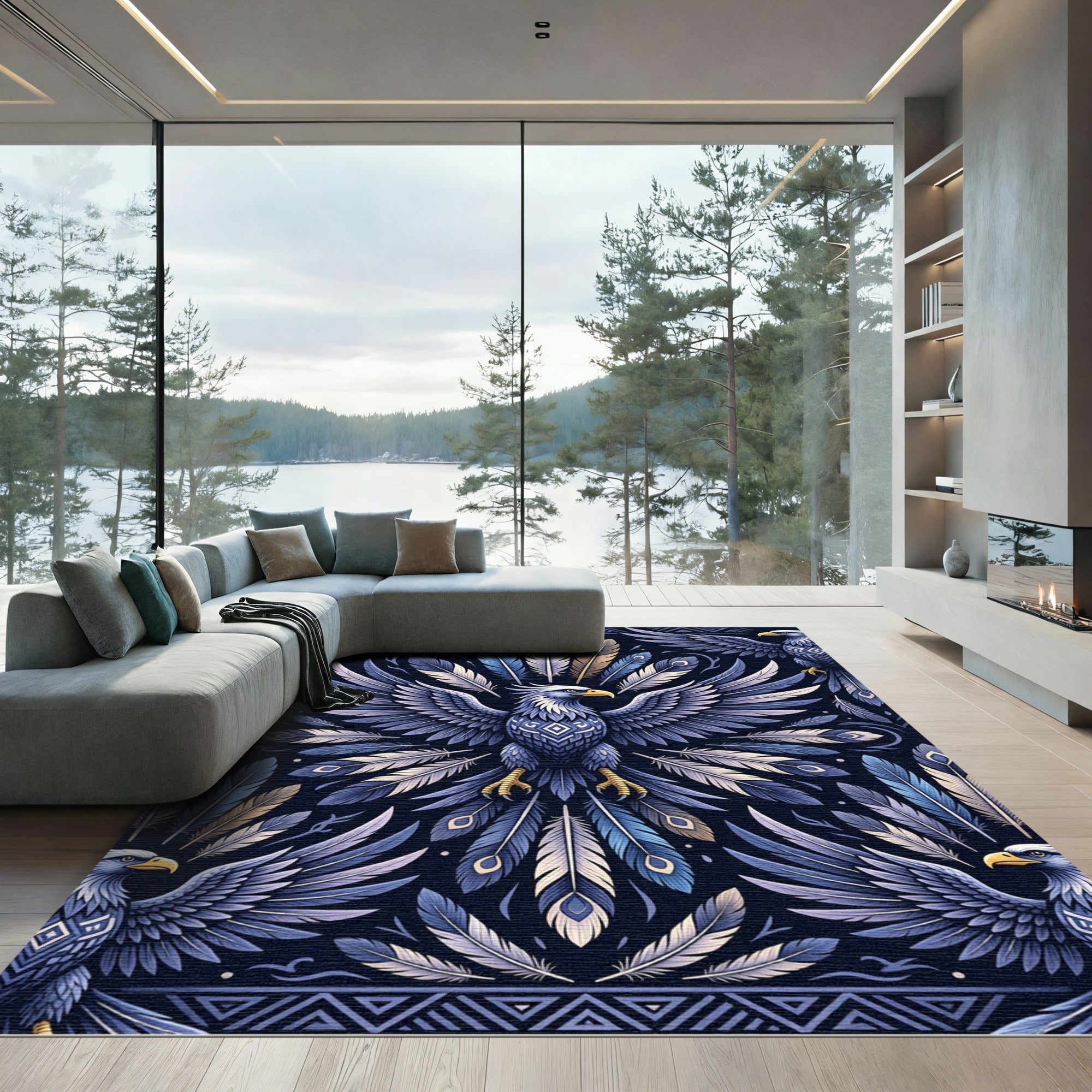 Majestic Blue Eagle Feather Mandala Rug
