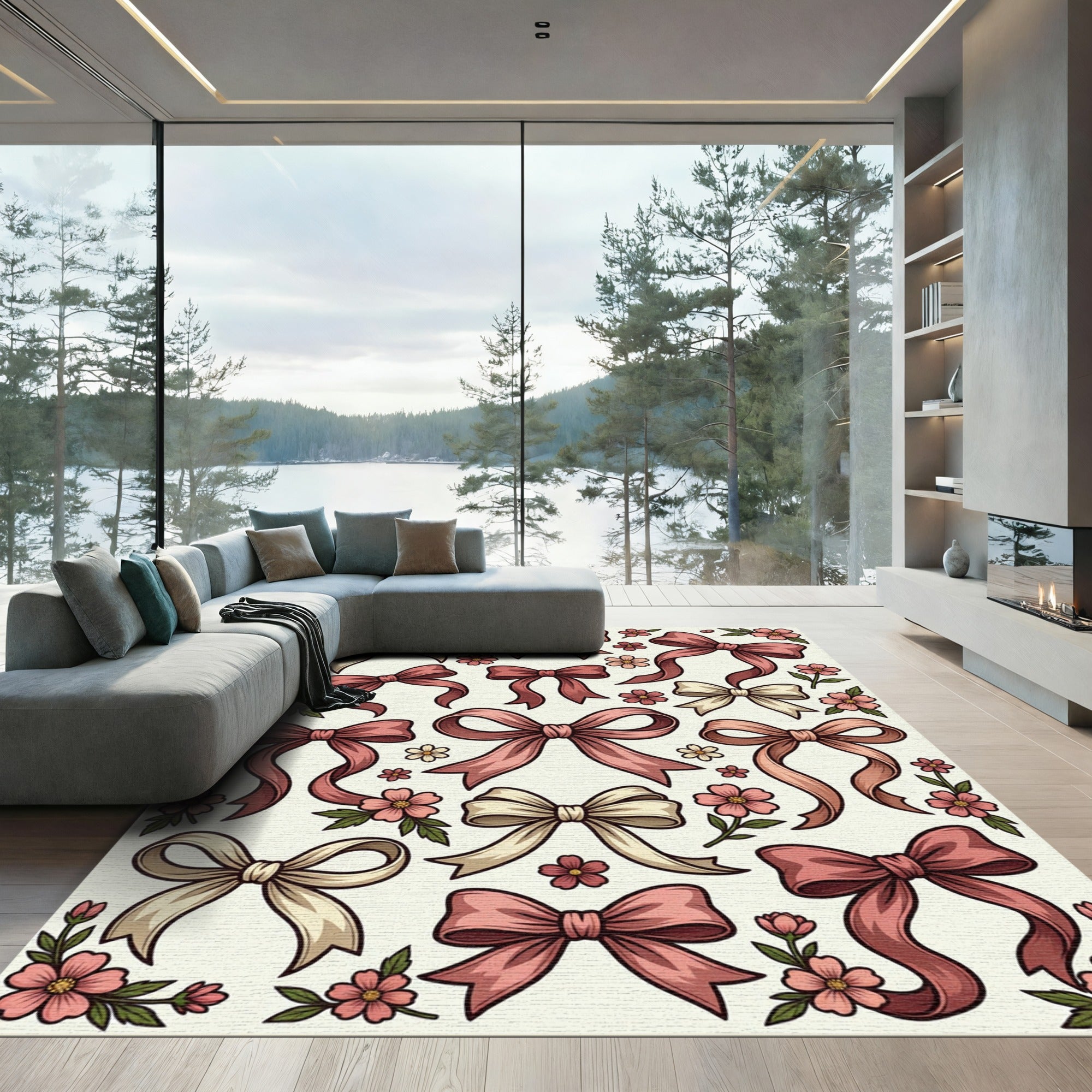 Blush Ribbon and Petal Floral Arrangement Rug