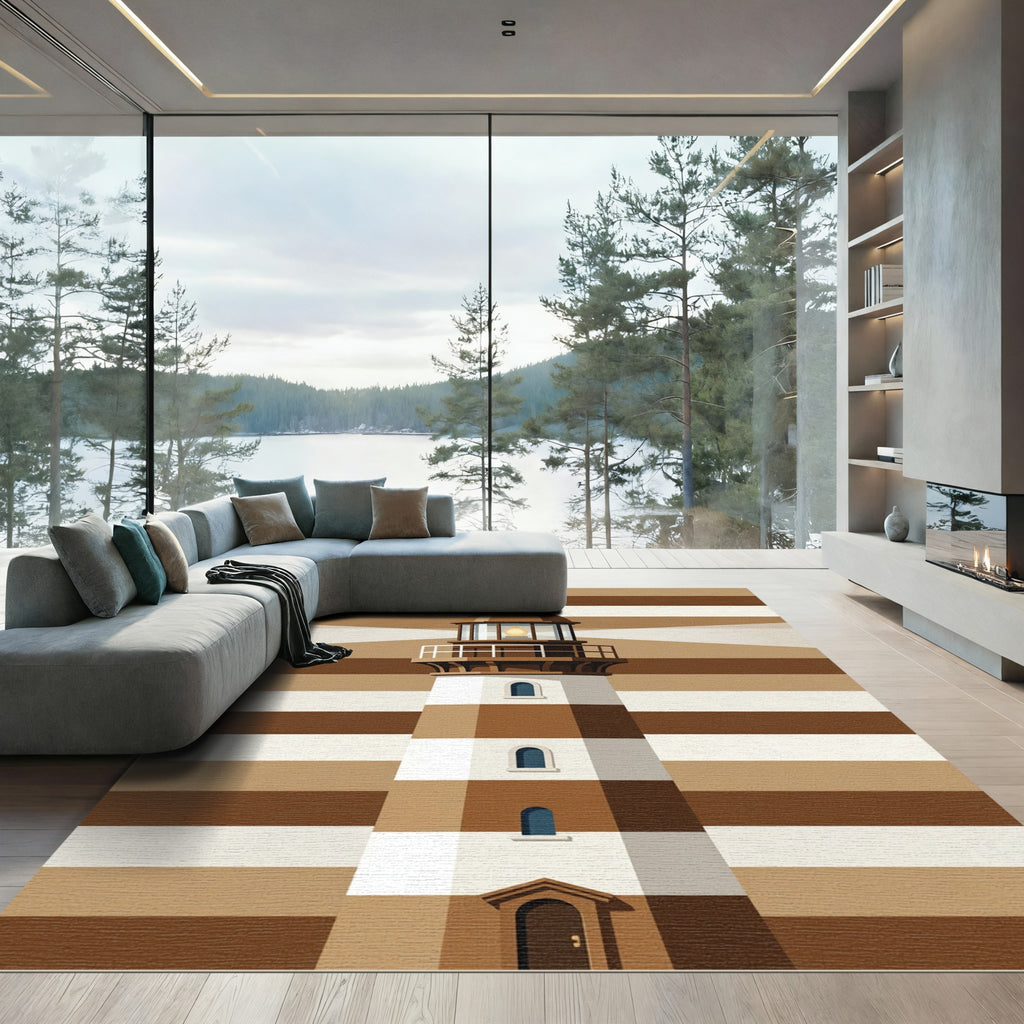 Minimalist Nautical Lighthouse Earthy Tone Rug