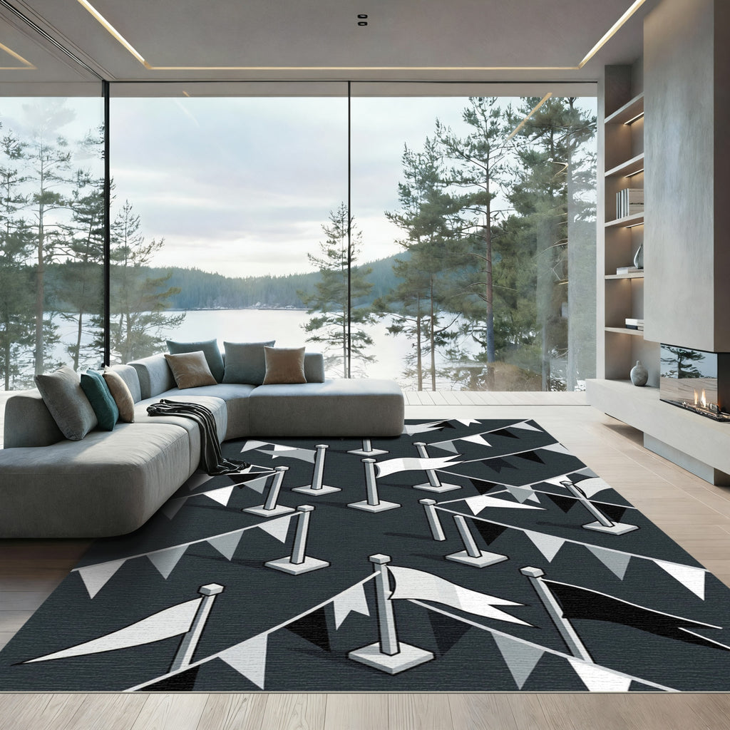 Monochrome Isometric Flag Banner Grid Rug