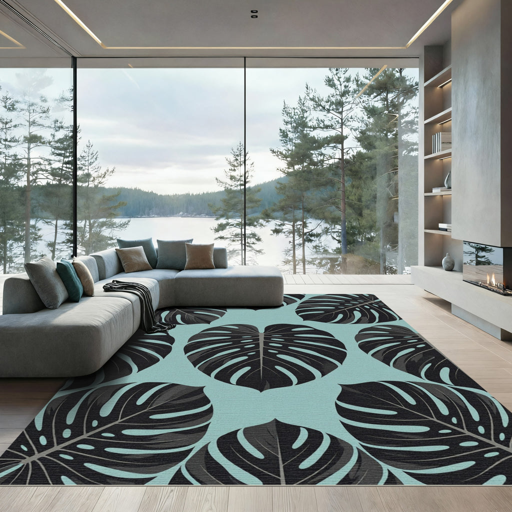 Dark Tropical Monstera Leaf Sage Teal Rug