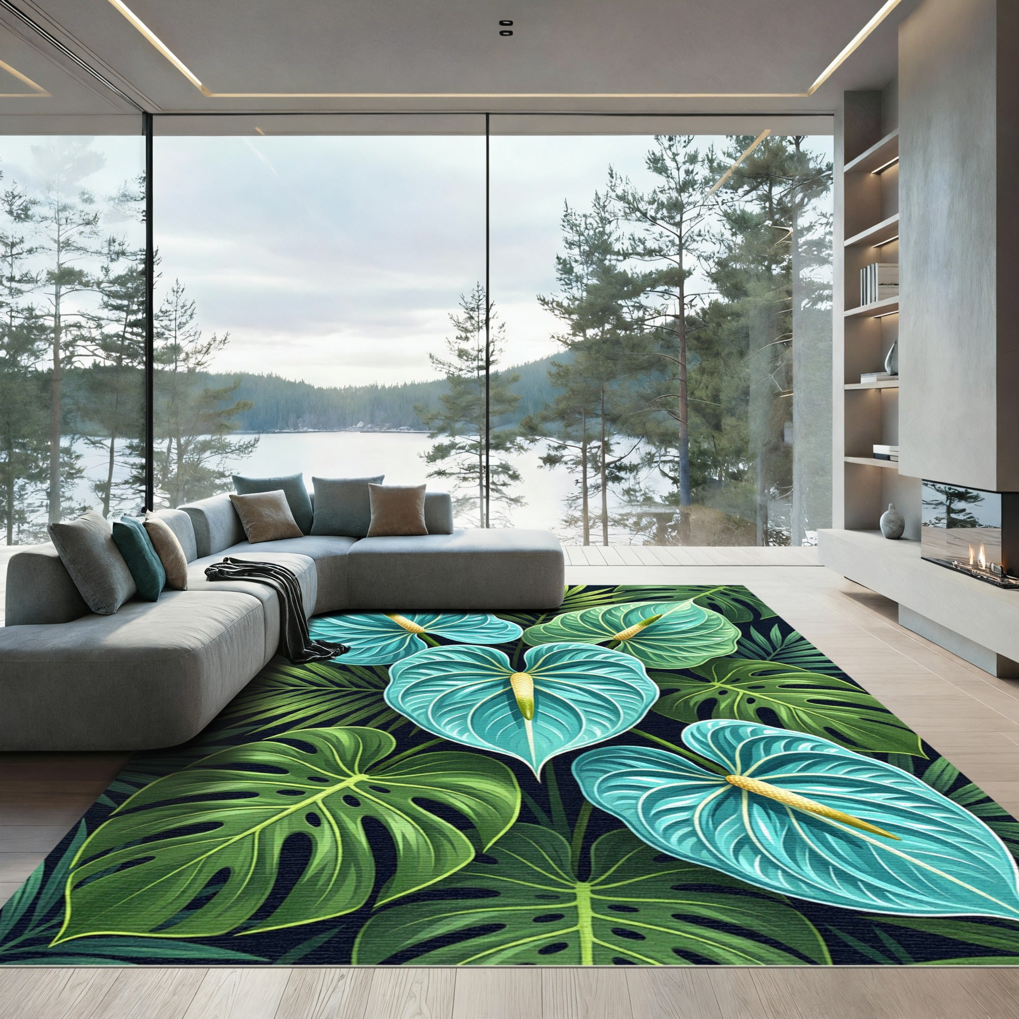 Lush Teal Anthurium Tropical Foliage Rug