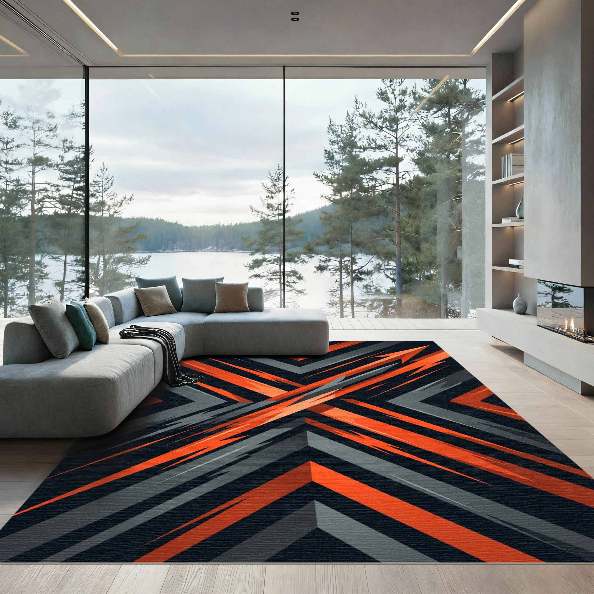 Bold Orange and Charcoal Geometric Arrow Rug