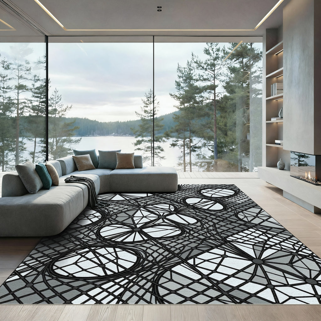 Monochromatic Abstract Geometric Web Grid Rug